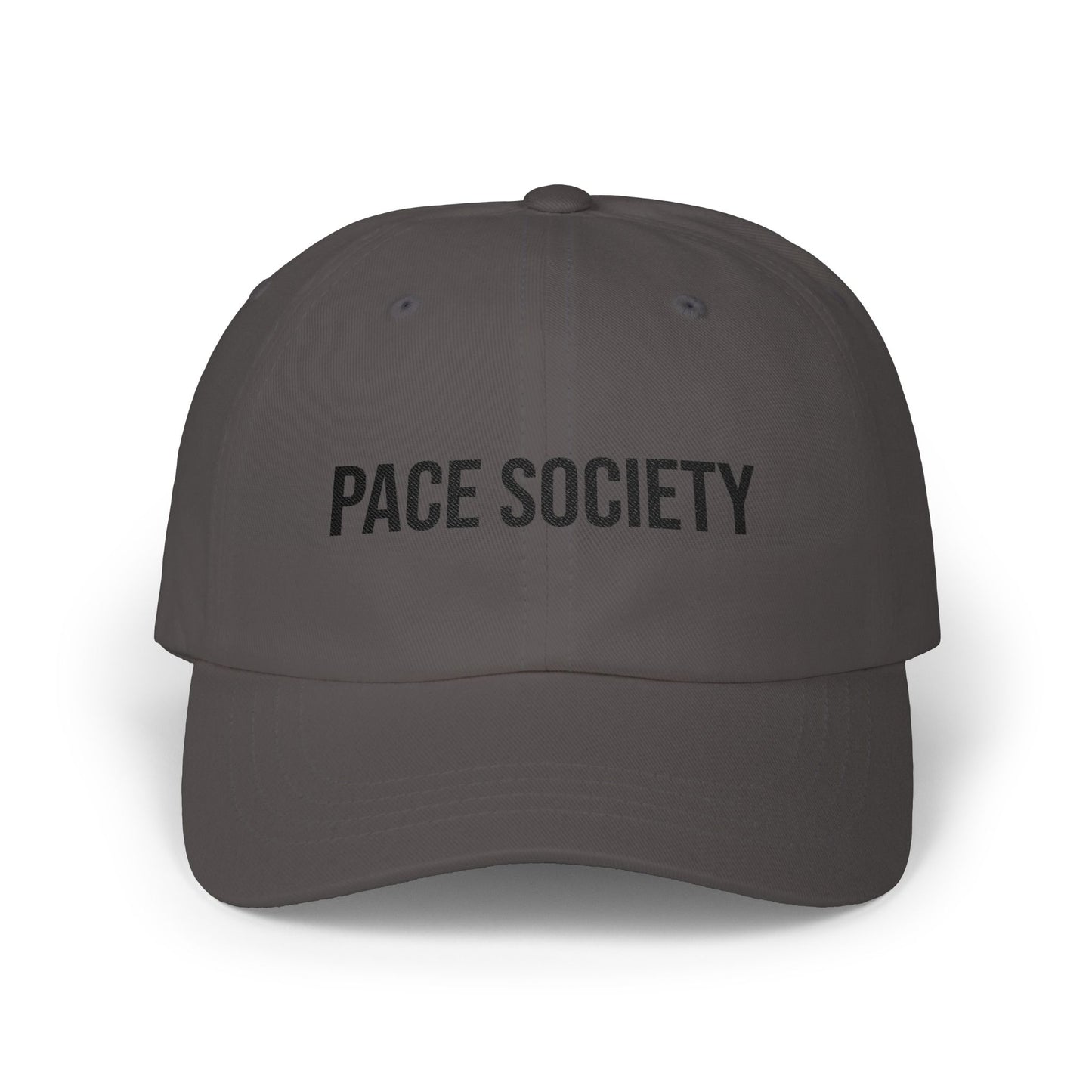 Pace Society Dad Cap in Dark Grey — minimalist embroidered baseball hat, front view