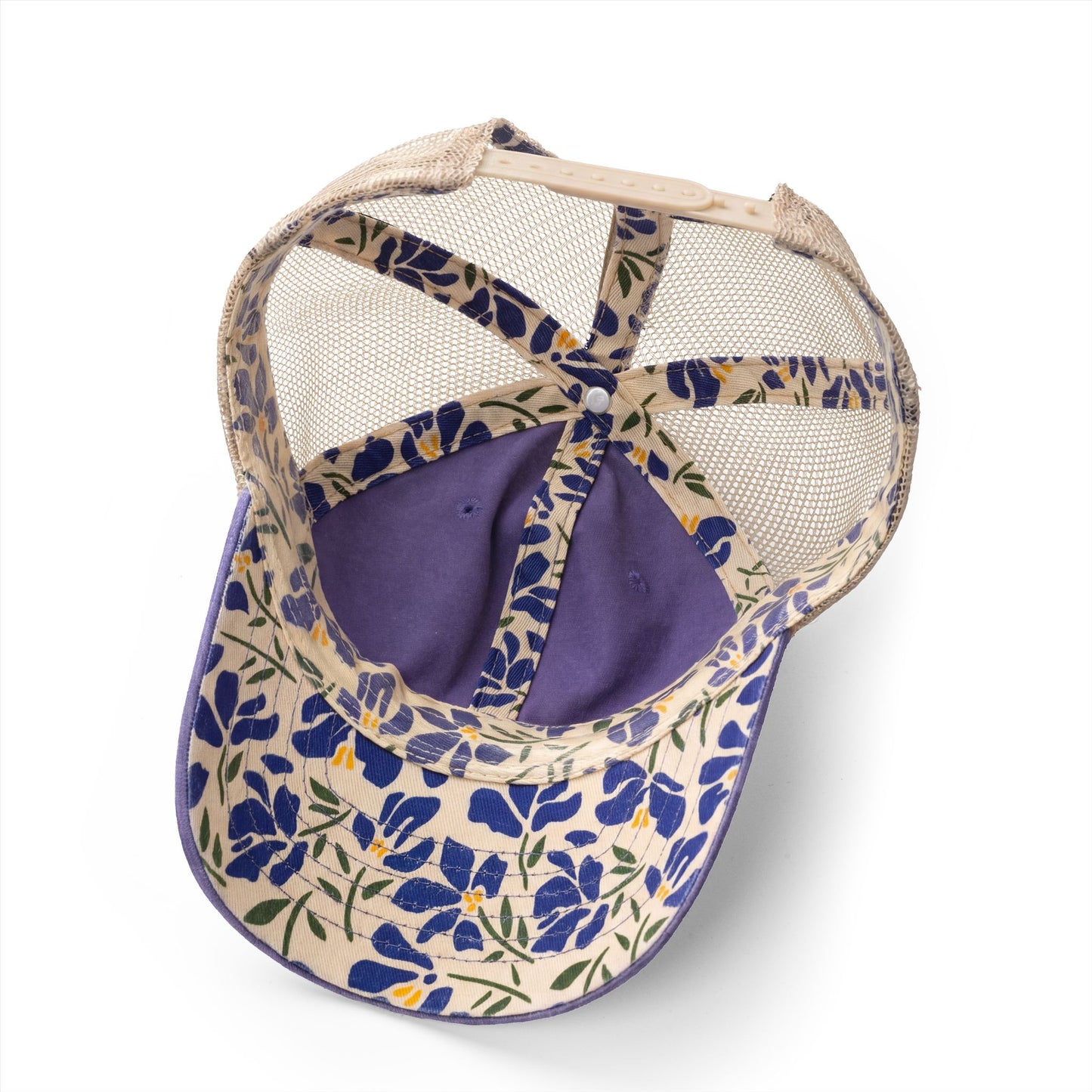 Running Mom Cap in Violet/Floral/Khaki, underbrim detail — floral print lining close-up
