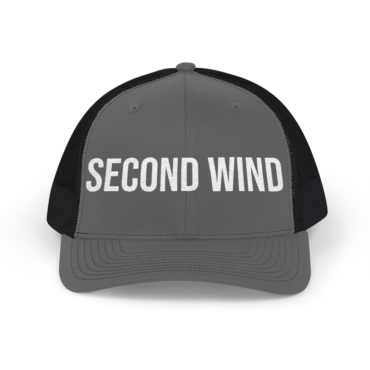 Second Wind embroidered front panel detail - flat thread trucker cap close-up
