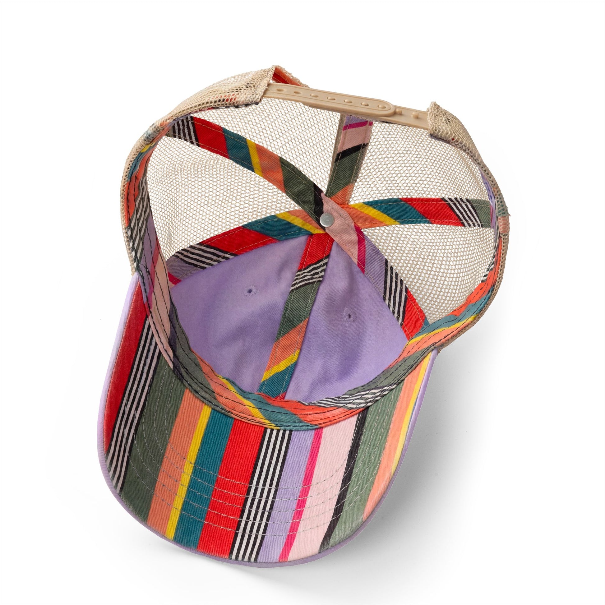 Running Mom Cap in Lavender/Stripes, underbrim detail — striped print lining close-up