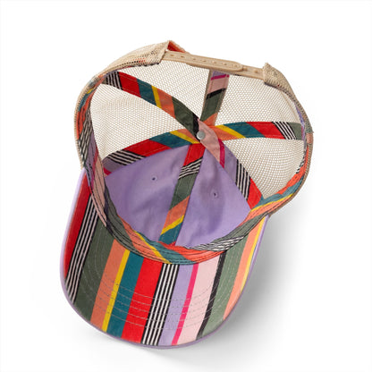 Running Mom Cap in Lavender/Stripes, underbrim detail — striped print lining close-up