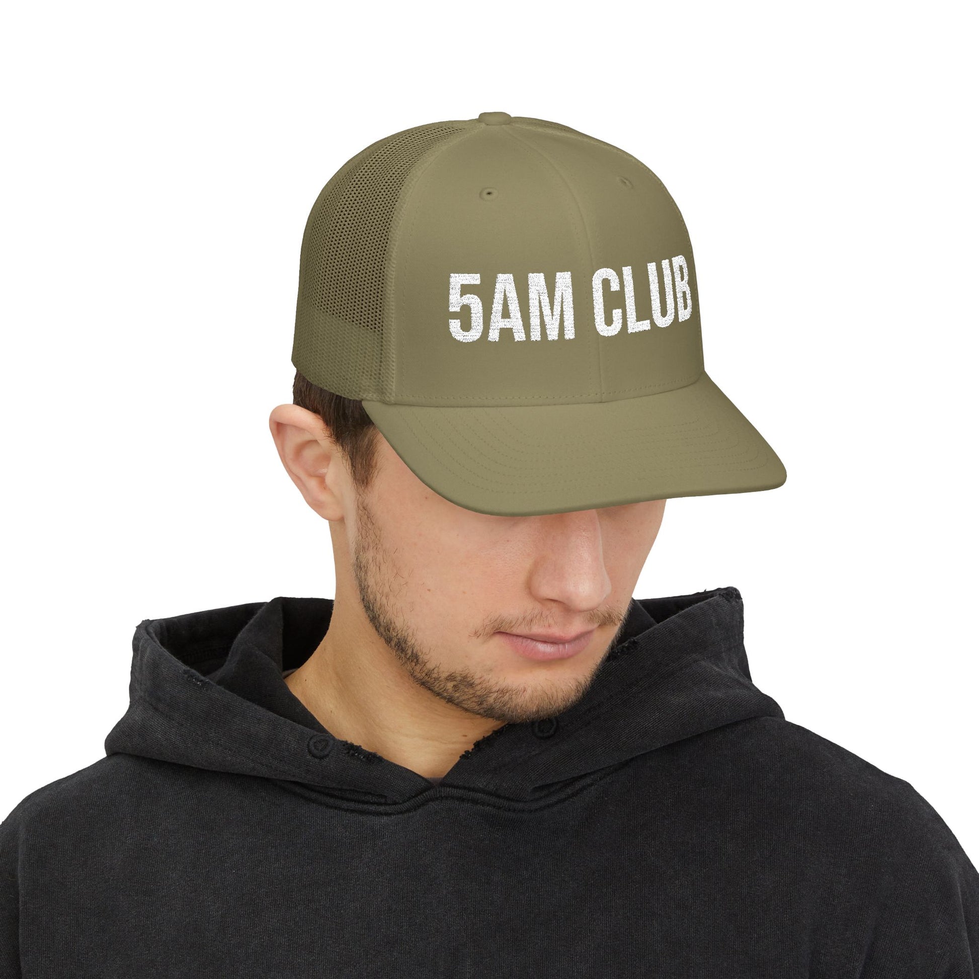 5AM Club Trucker Cap in Loden worn by model — embroidered early-riser snapback hat