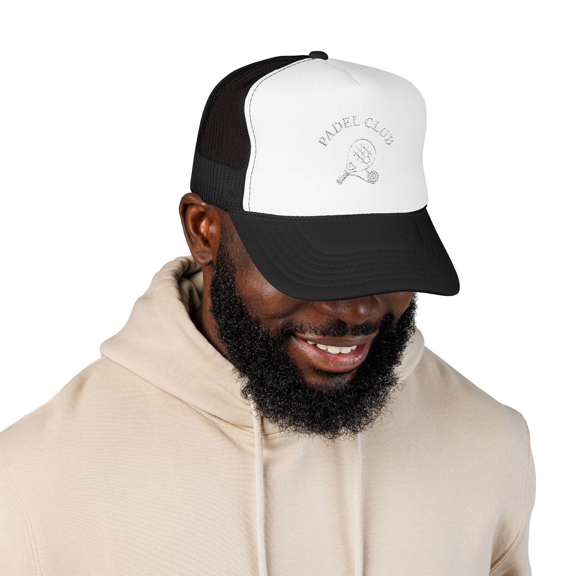 Padel Club Hat in Black/White worn by model — embroidered padel racket trucker cap