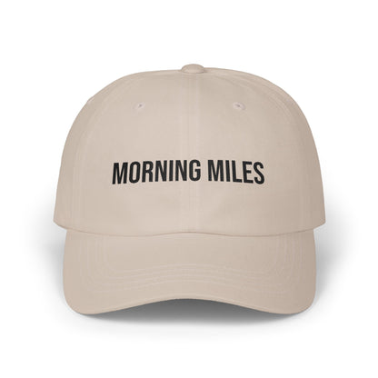 Morning Miles embroidered front panel detail - flat thread dad cap close-up