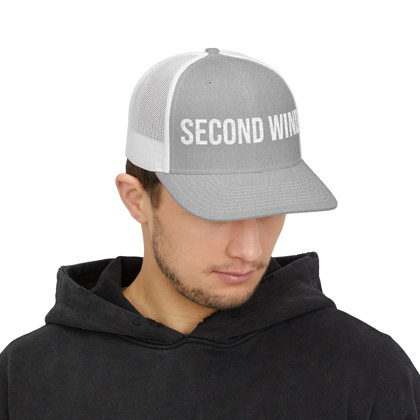 Second Wind Trucker Cap in Heather Grey/White worn by model — embroidered snapback hat