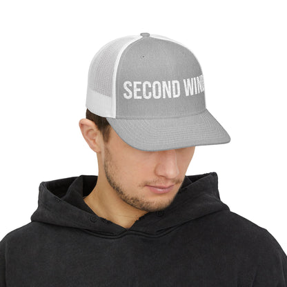 Second Wind Trucker Cap in Heather Grey/White worn by model — embroidered snapback hat