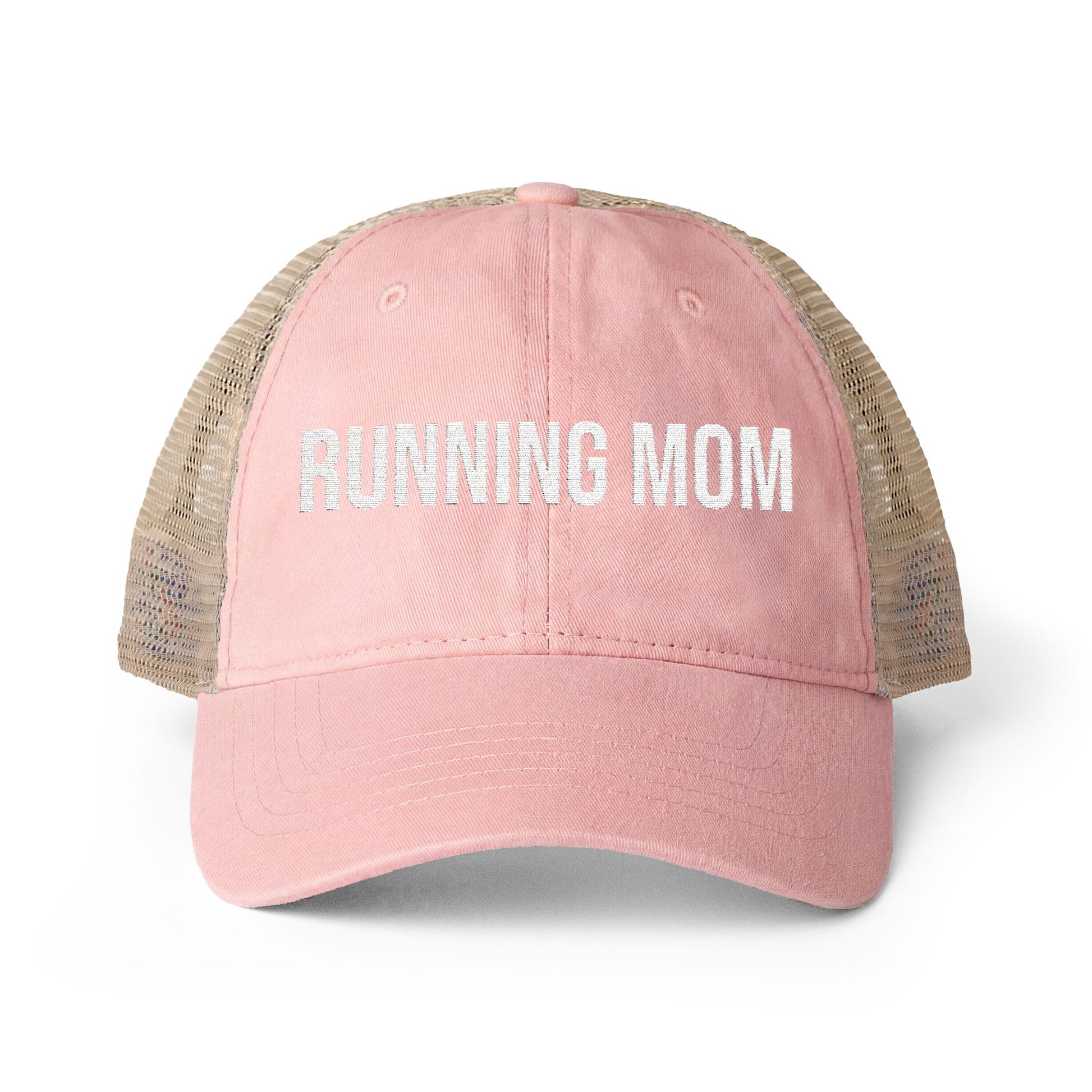 Running Mom Cap in Dusty Pink/Floral, front view — washed mesh-back trucker cap for runners