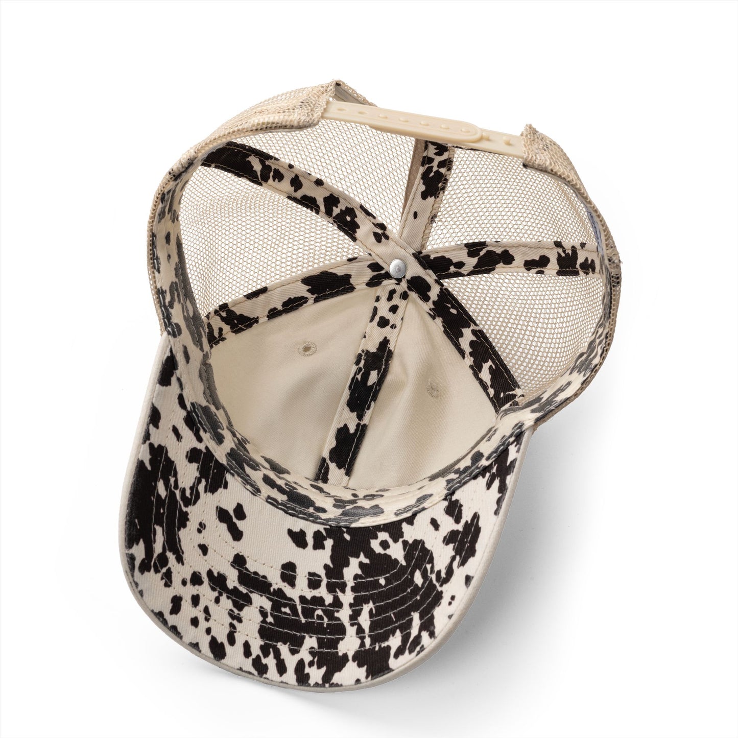 Running Mom Cap in Vanilla/Longhorn/Khaki, underbrim detail — longhorn print lining close-up