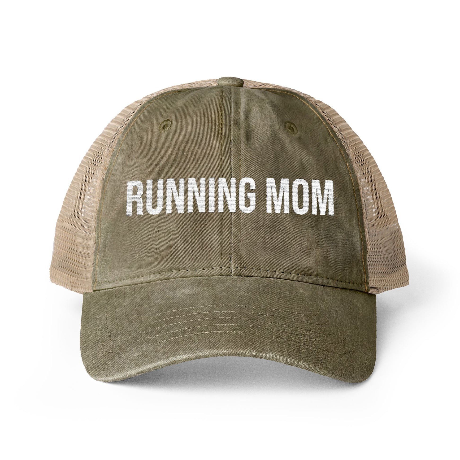 Running Mom Cap in Olive/Camo, front view — washed mesh-back trucker cap for runners