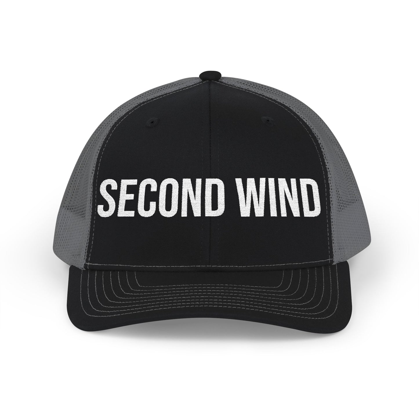 Second Wind trucker cap back view - flat snapback closure mesh running hat