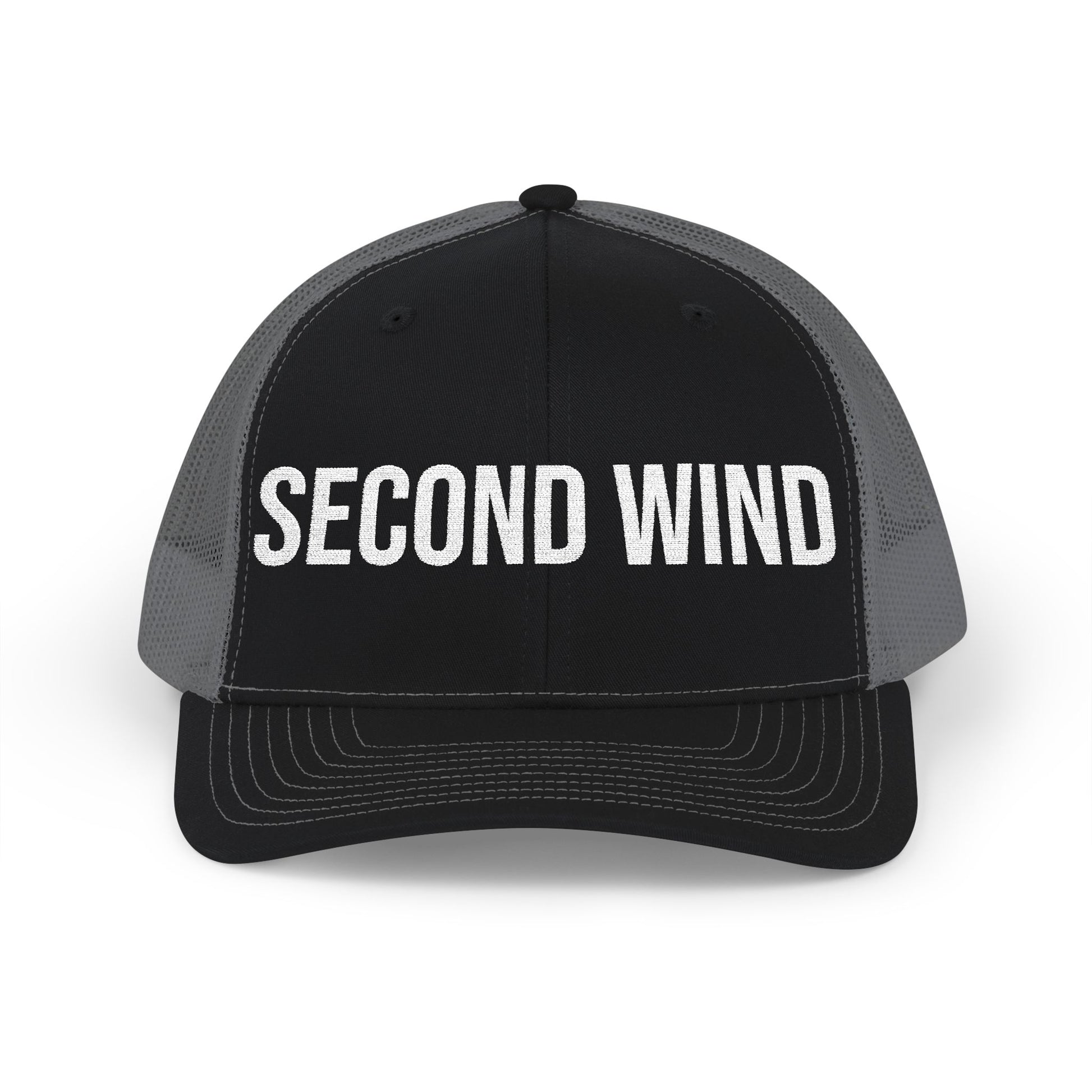 Second Wind trucker cap back view - flat snapback closure mesh running hat