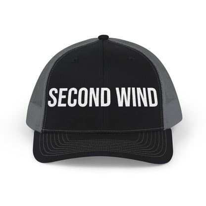 Second Wind trucker cap back view - flat snapback closure mesh running hat