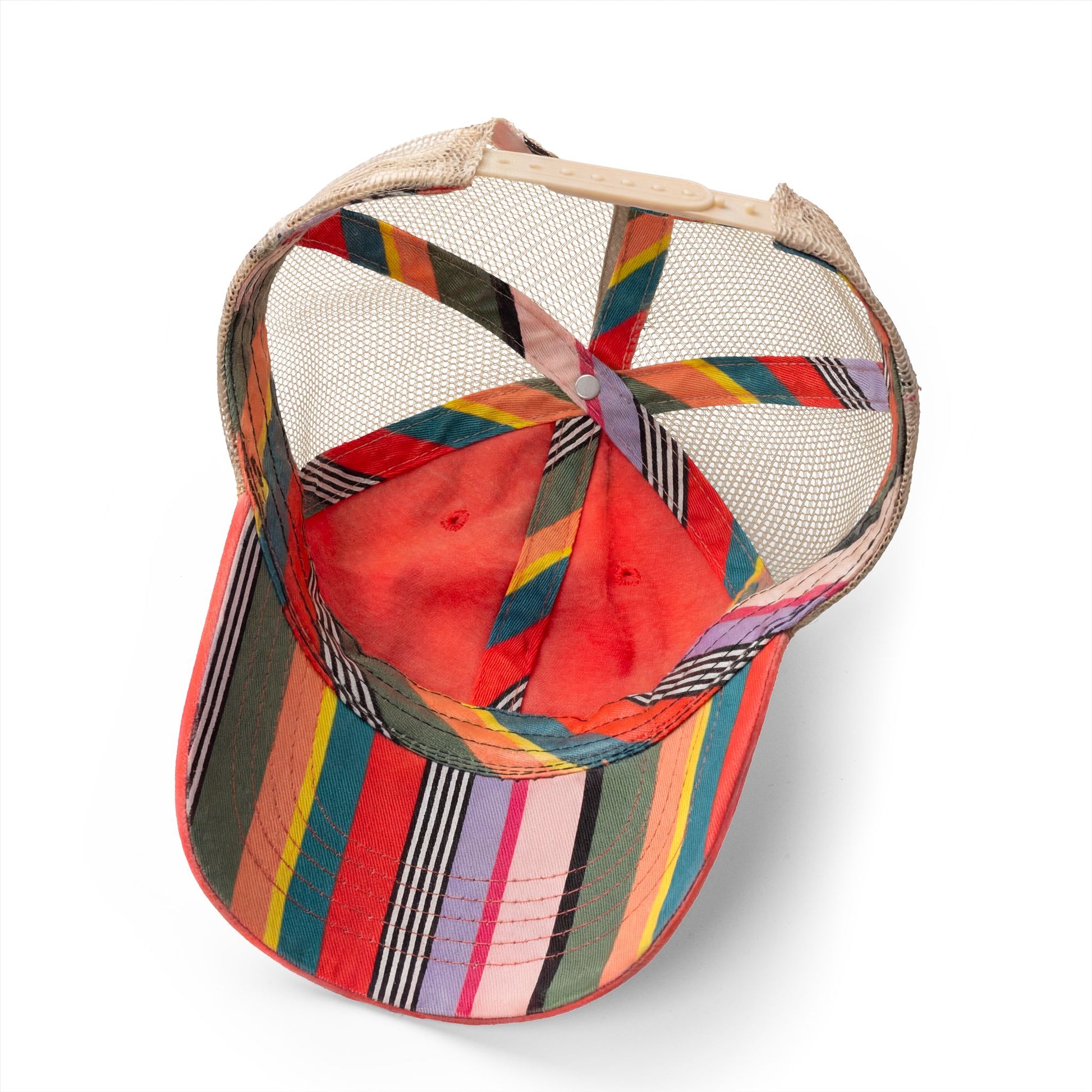 Running Mom Cap in Sherbet/Stripes, underbrim detail — striped print lining close-up