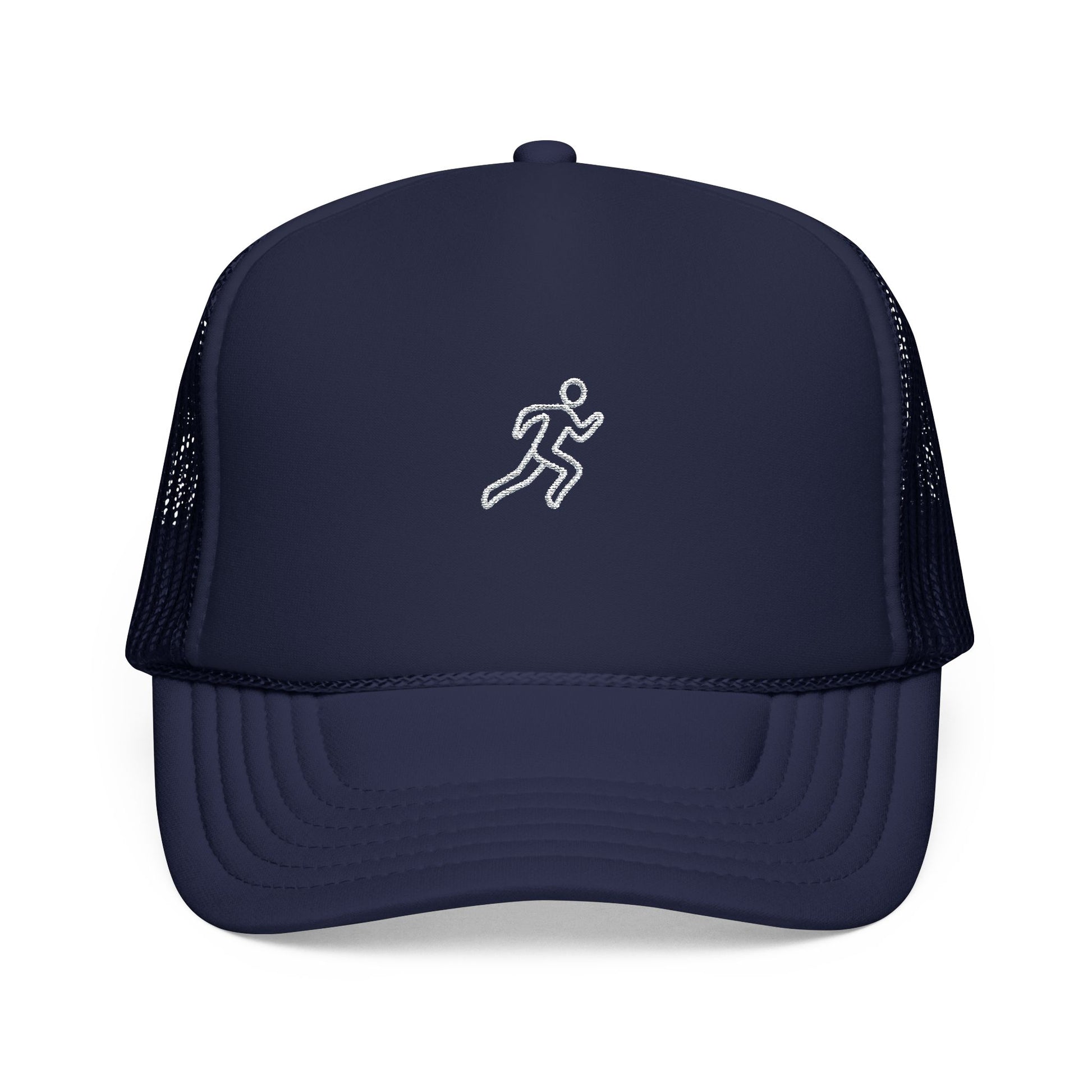 Embroidered Running Icon Trucker Hat in Dark Navy, front view — mesh-back cap for runners