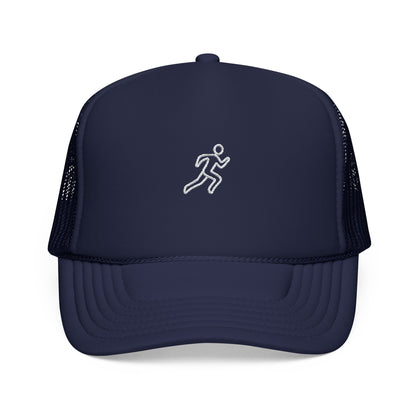 Embroidered Running Icon Trucker Hat in Dark Navy, front view — mesh-back cap for runners