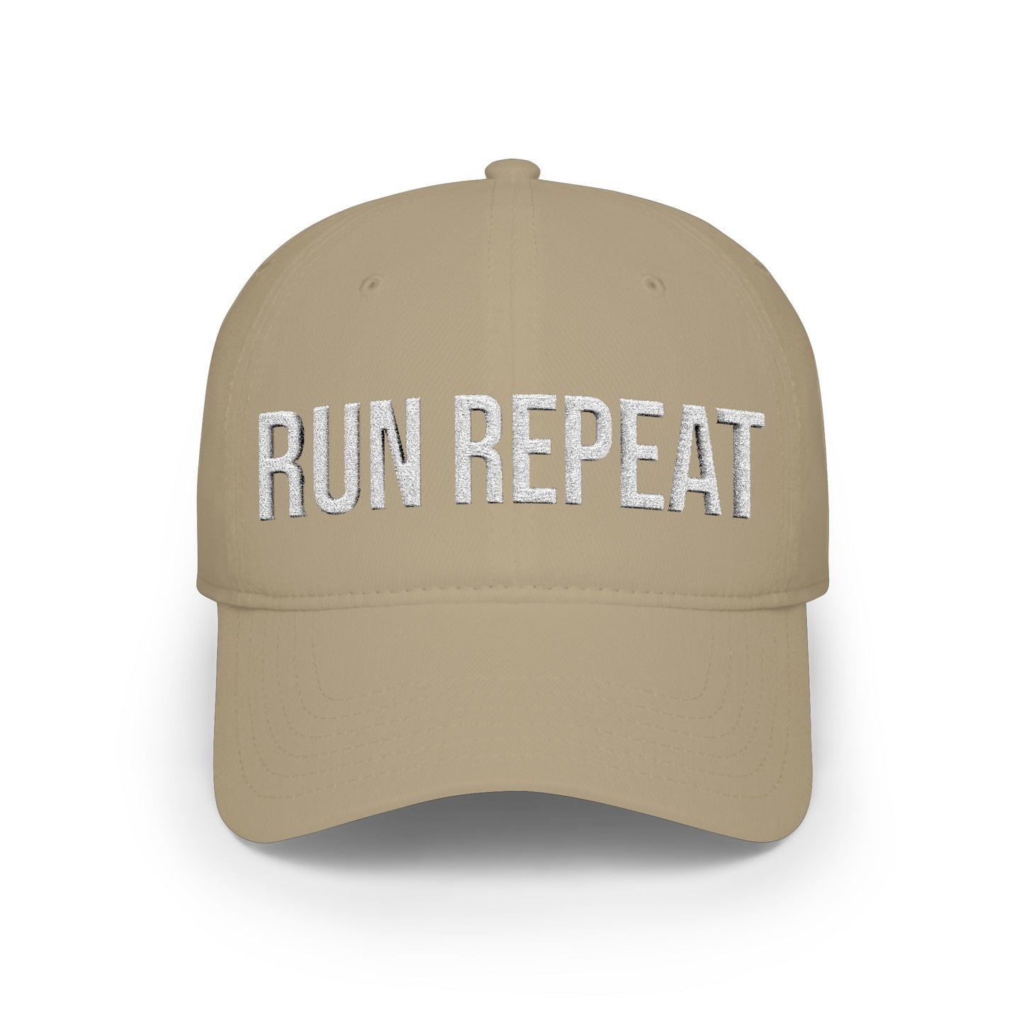 Run Repeat embroidered front panel detail - flat thread low profile baseball cap close-up