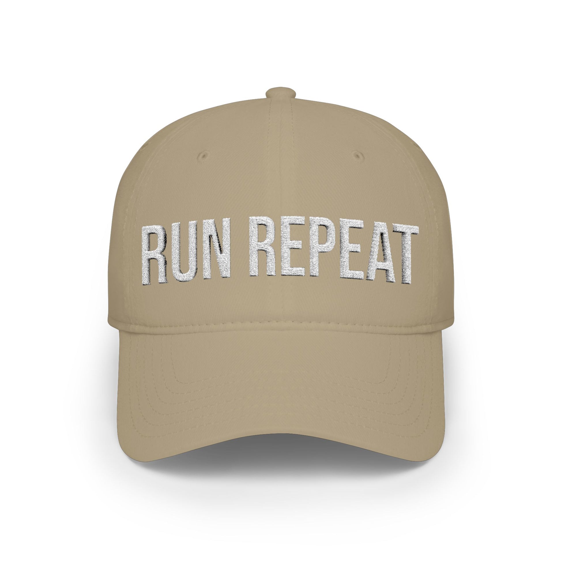 Run Repeat embroidered front panel detail - flat thread low profile baseball cap close-up