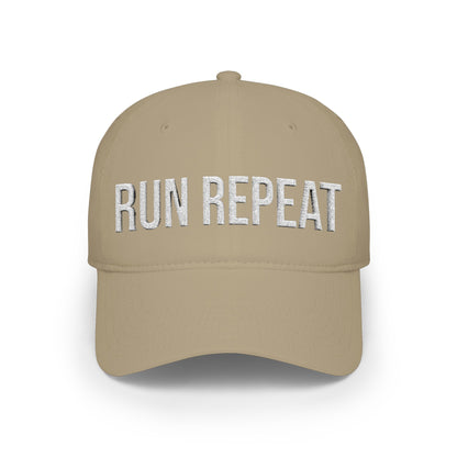 Run Repeat embroidered front panel detail - flat thread low profile baseball cap close-up