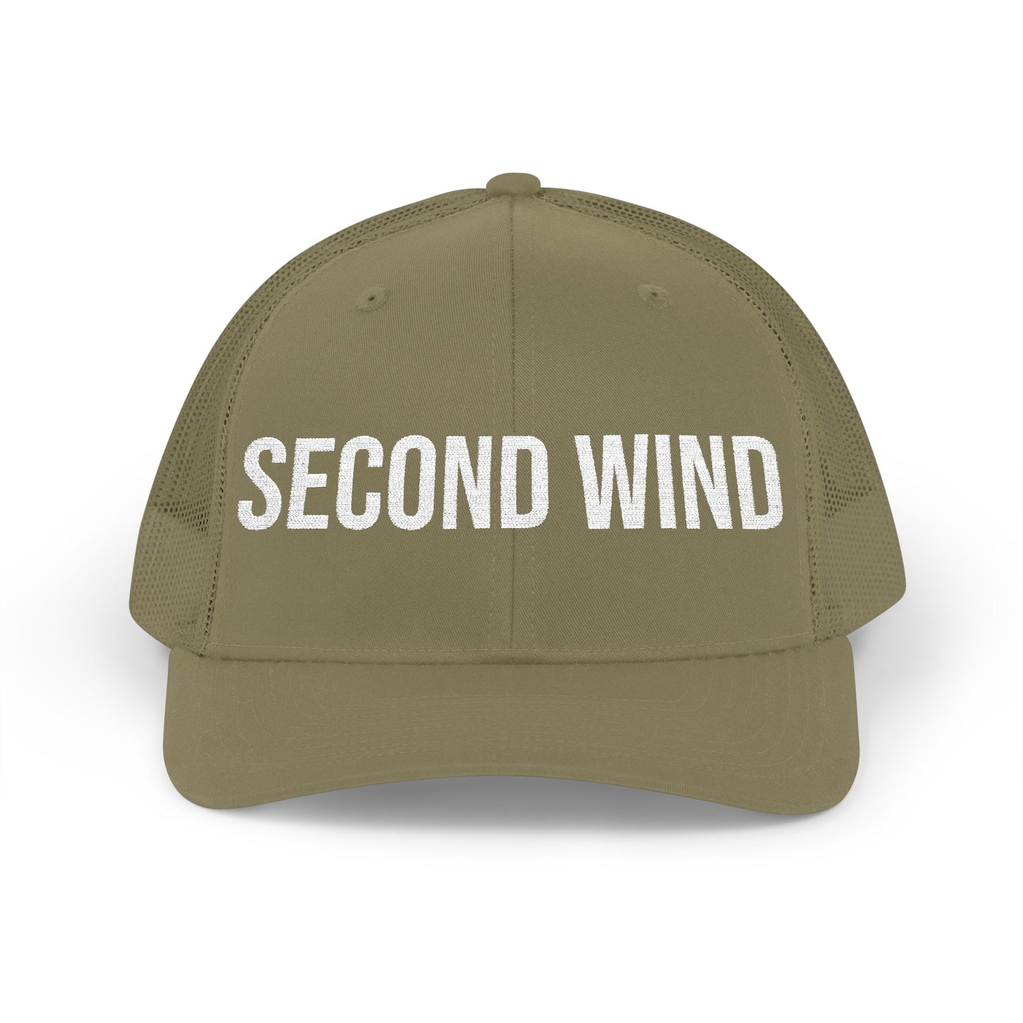 Second Wind hat top view - shop embroidered mesh trucker cap runner