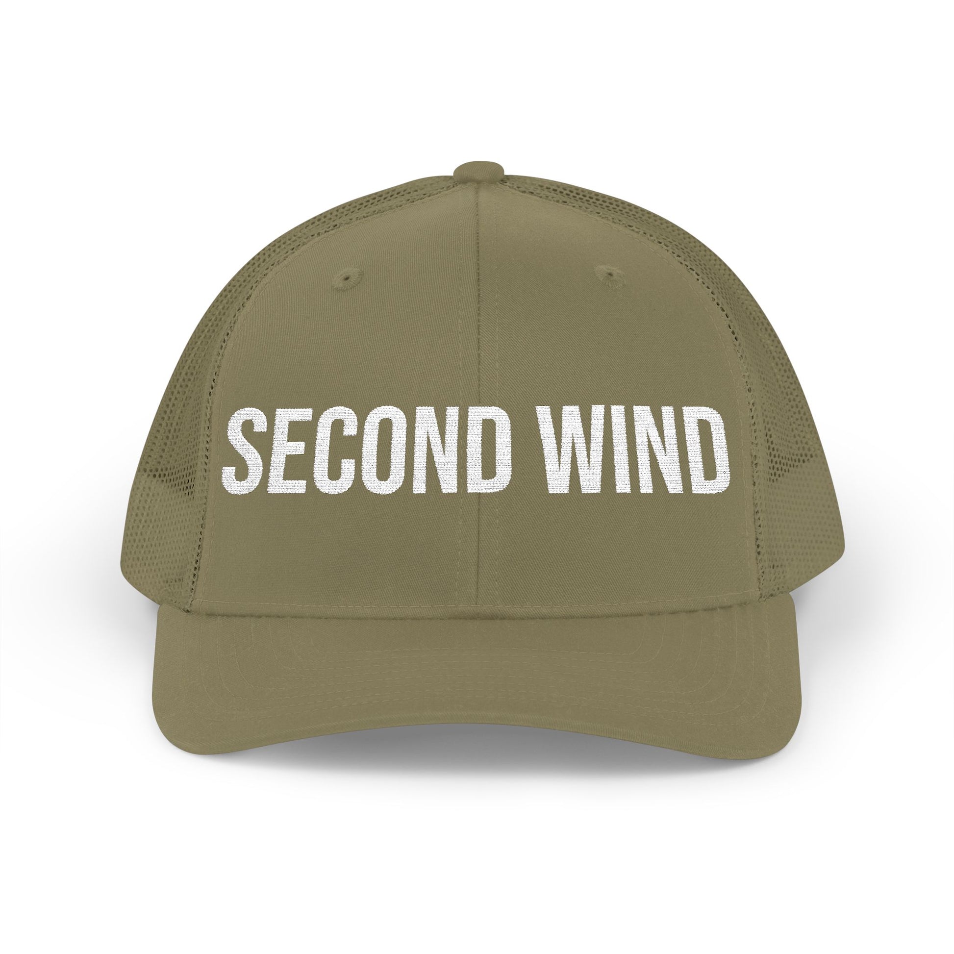 Second Wind hat top view - shop embroidered mesh trucker cap runner