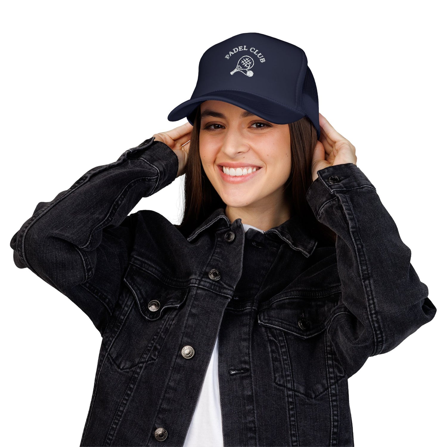 Padel Club Hat in Dark Navy worn by female model — embroidered padel racket trucker cap