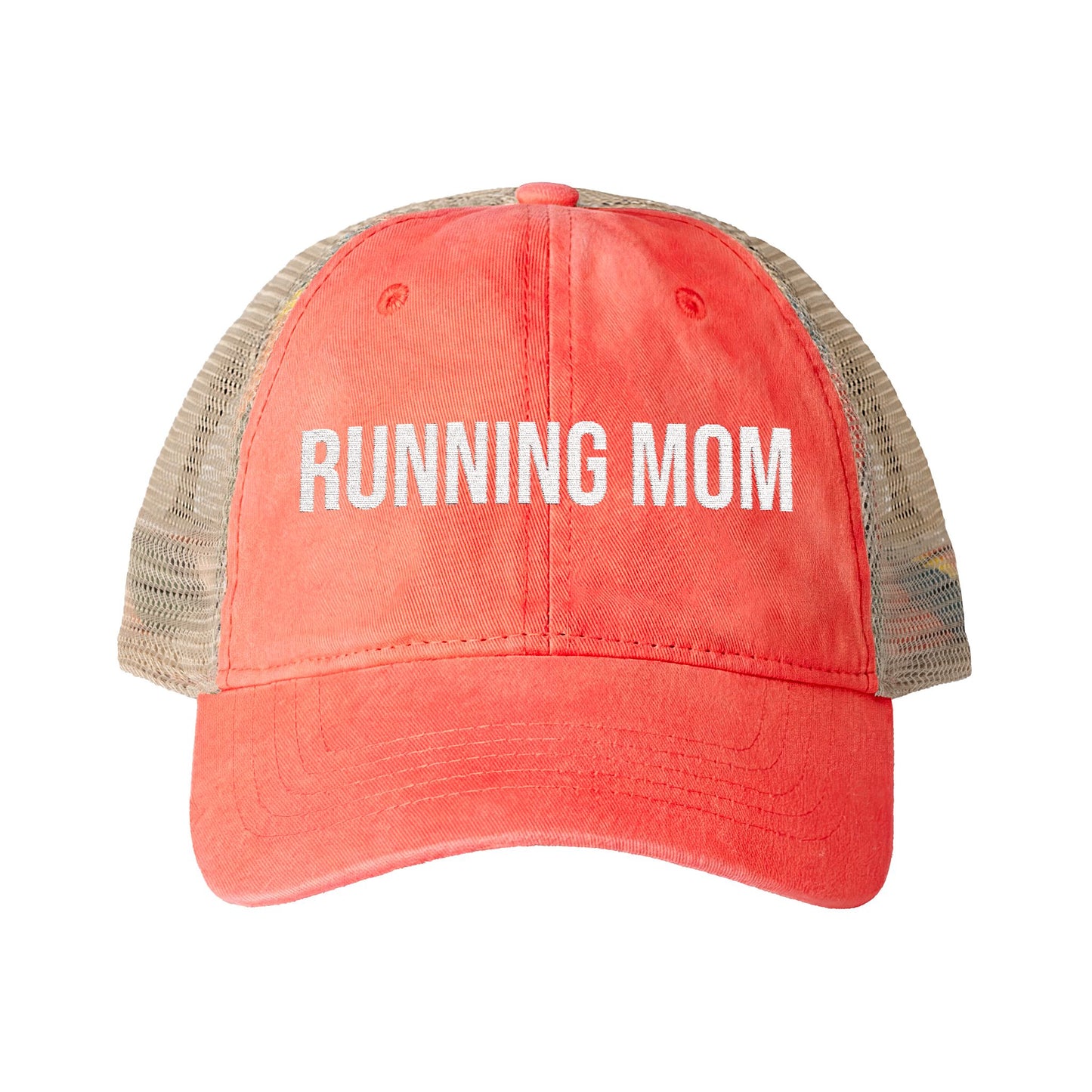 Running Mom Cap in Sherbet/Stripes, front view — washed mesh-back trucker cap for runners