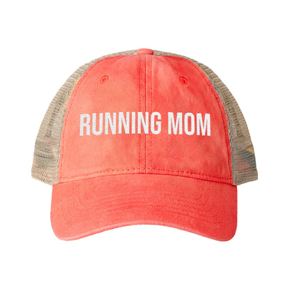 Running Mom Cap in Sherbet/Stripes, front view — washed mesh-back trucker cap for runners