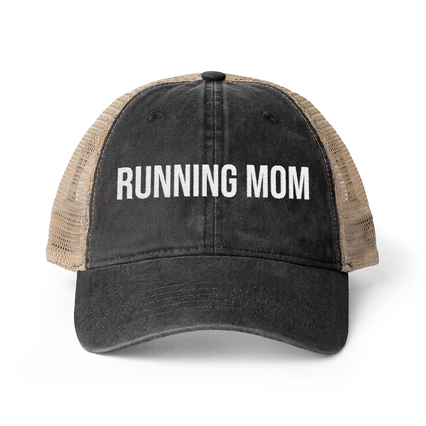 Running Mom Cap in Black/Leopard, front view — washed mesh-back trucker cap for runners