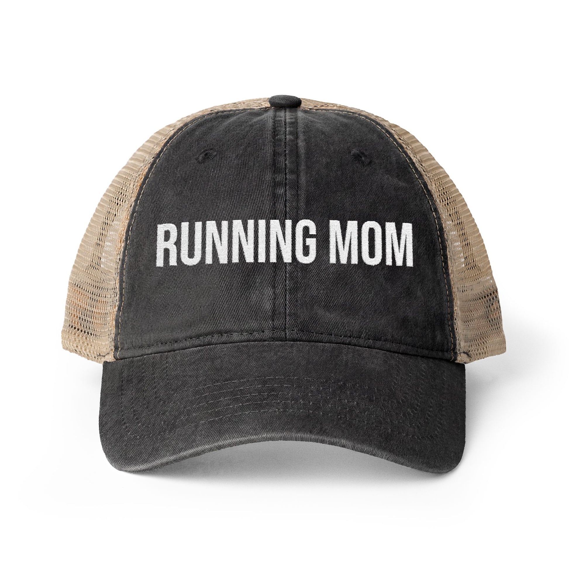 Running Mom Cap in Black/Leopard, front view — washed mesh-back trucker cap for runners