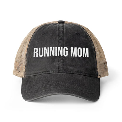 Running Mom Cap in Black/Leopard, front view — washed mesh-back trucker cap for runners