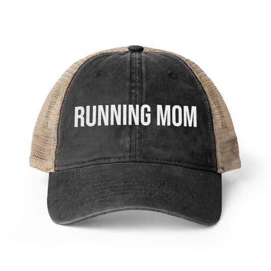 Running Mom Cap in Black/Leopard, front view — washed mesh-back trucker cap for runners