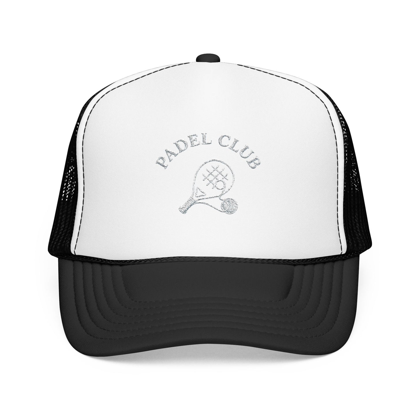 Padel Club Hat in Black/White, front view — embroidered padel racket trucker cap