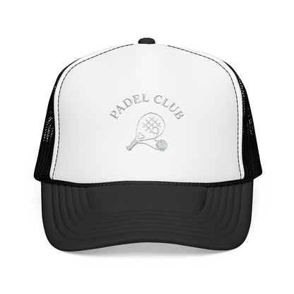 Padel Club Hat in Black/White, front view — embroidered padel racket trucker cap