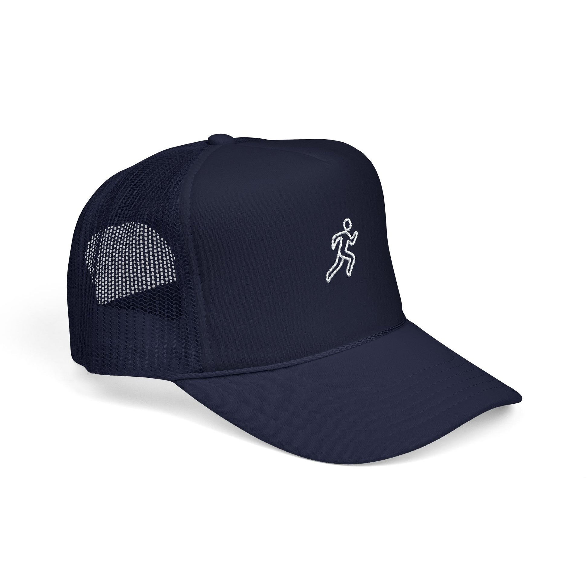 Embroidered Running Icon Trucker Hat in Dark Navy, side angle view — mesh panel detail