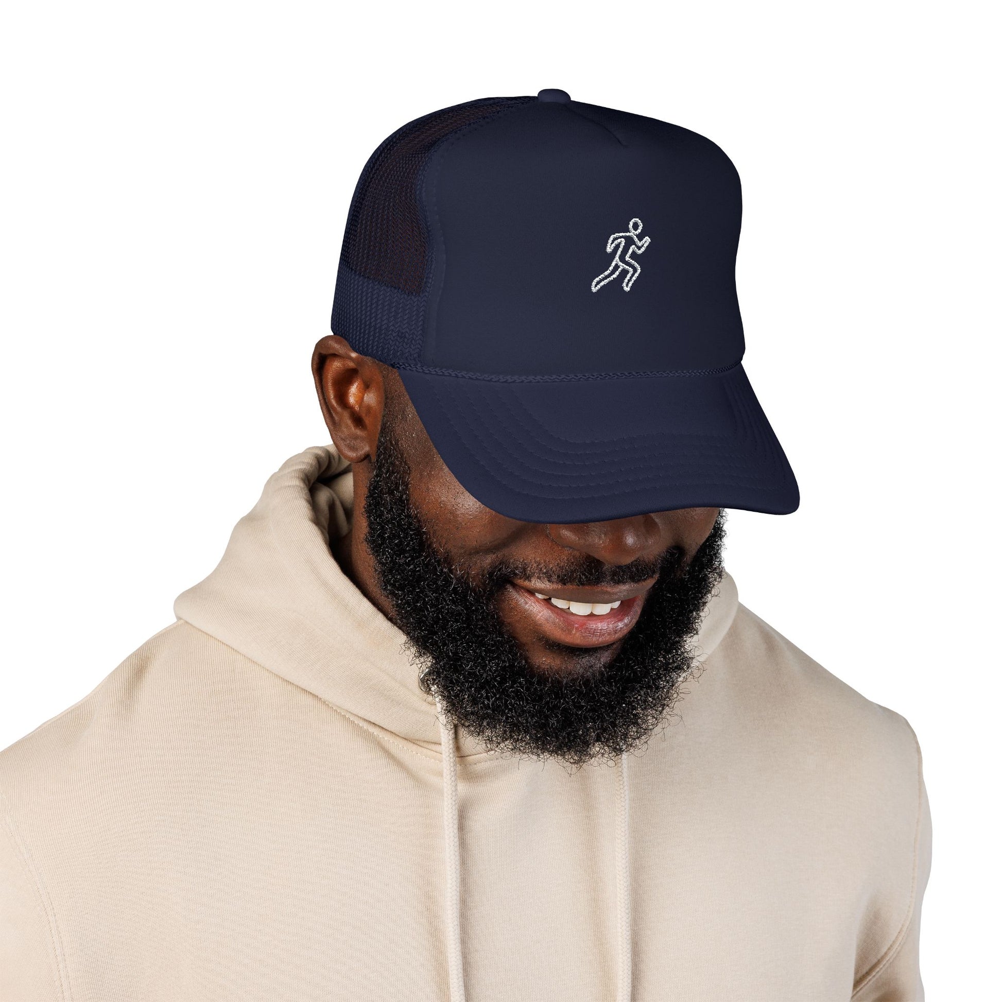 Embroidered Running Icon Trucker Hat in Dark Navy worn by model — mesh-back running cap