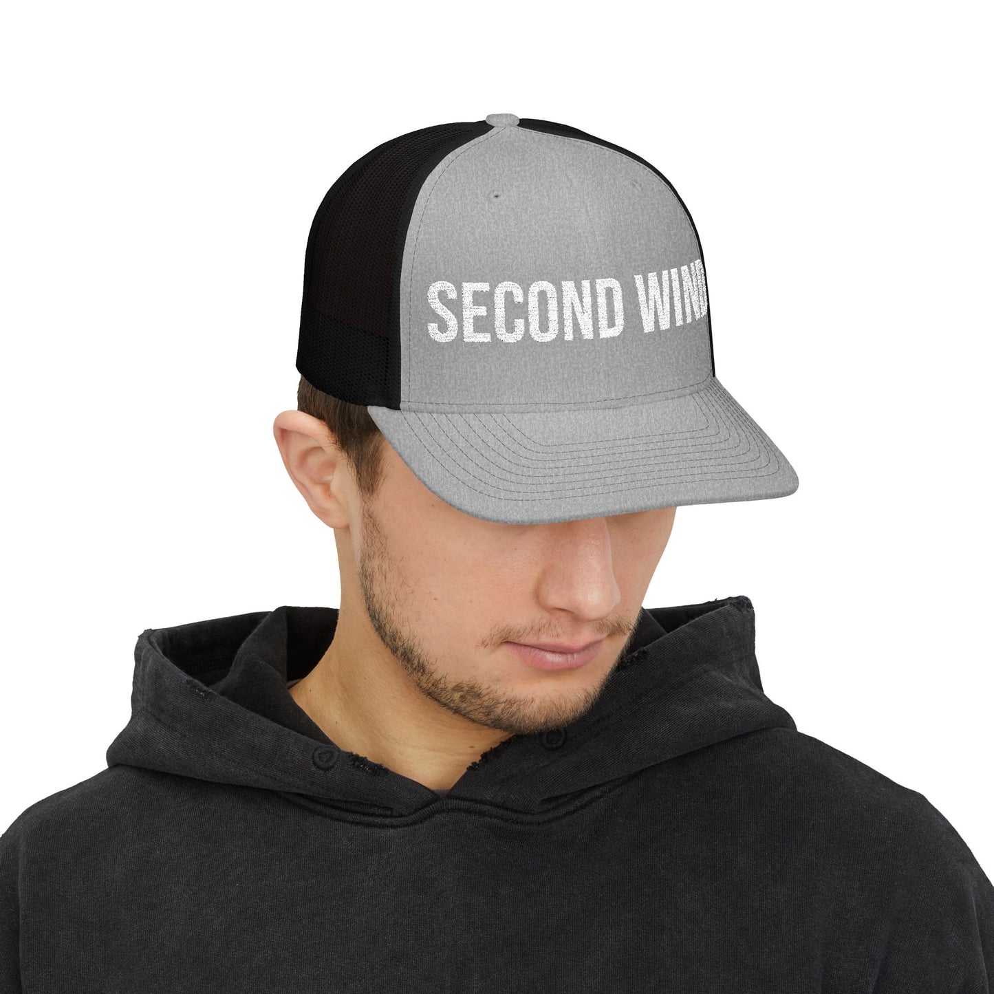 Second Wind Trucker Cap in Heather Grey/Black worn by model — embroidered snapback hat