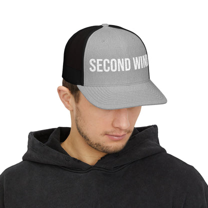 Second Wind Trucker Cap in Heather Grey/Black worn by model — embroidered snapback hat