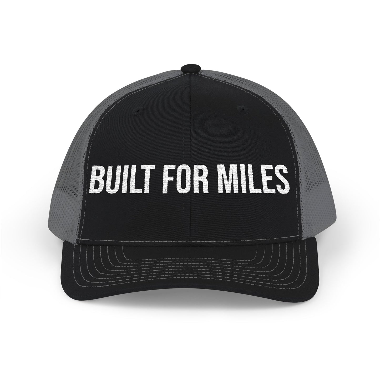 Built For Miles snapback trucker side view - mesh back embroidered adjustable running cap
