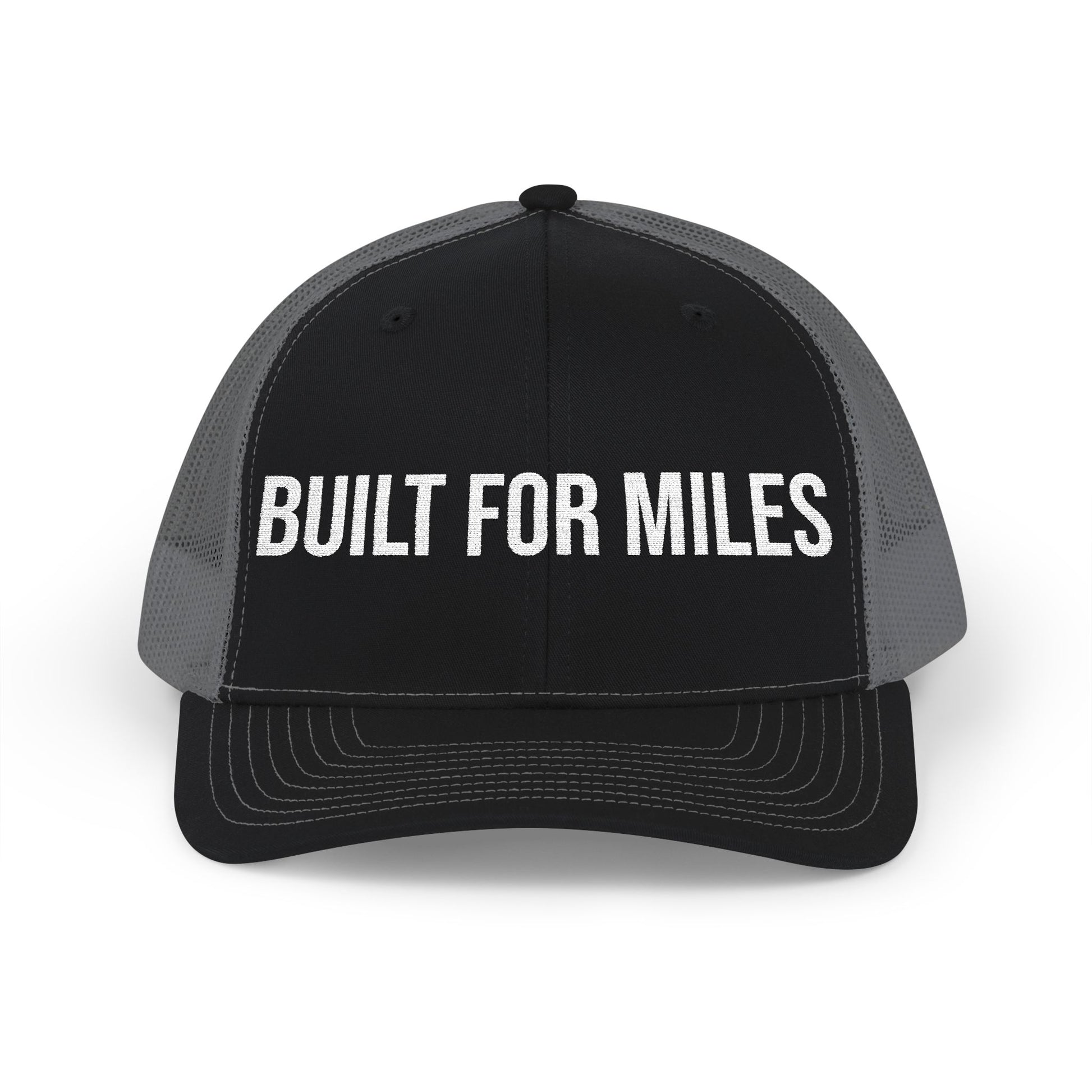Built For Miles snapback trucker side view - mesh back embroidered adjustable running cap