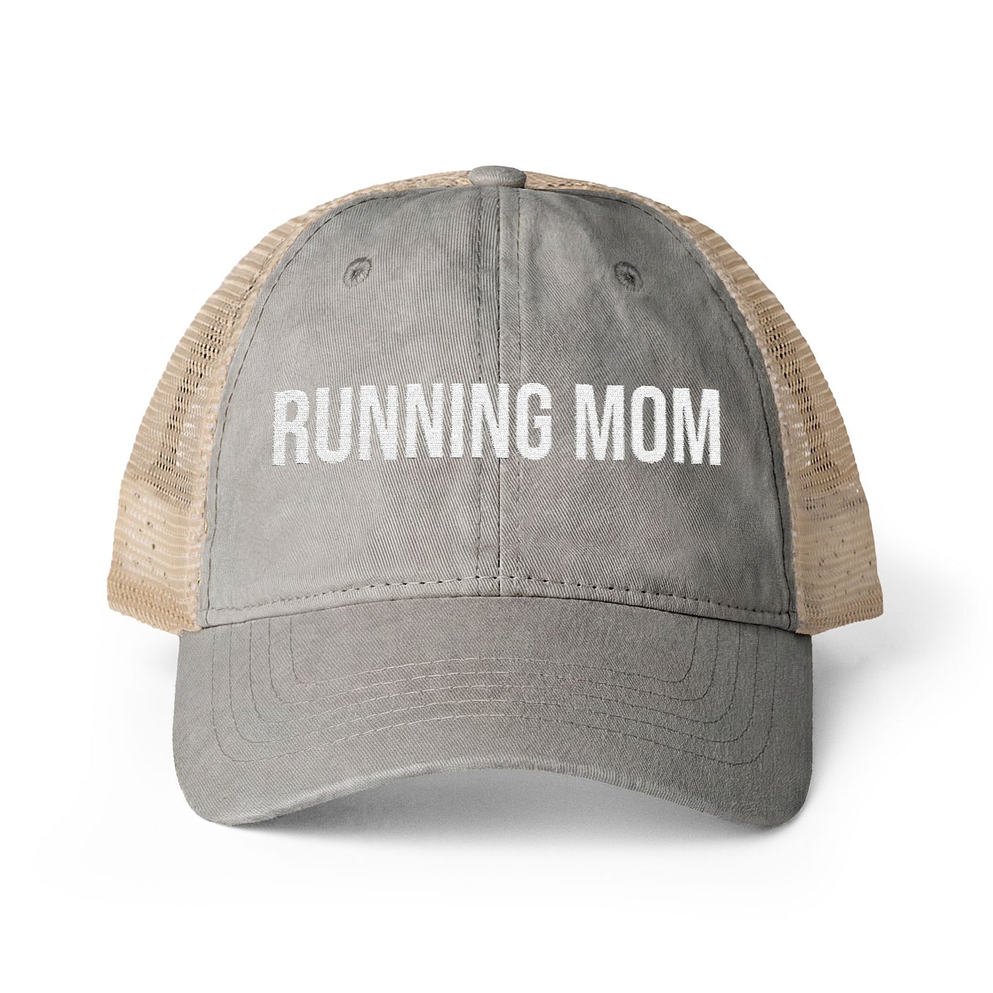 Running Mom Cap in Light Grey/Polka Dots, front view — washed mesh-back trucker cap for runners