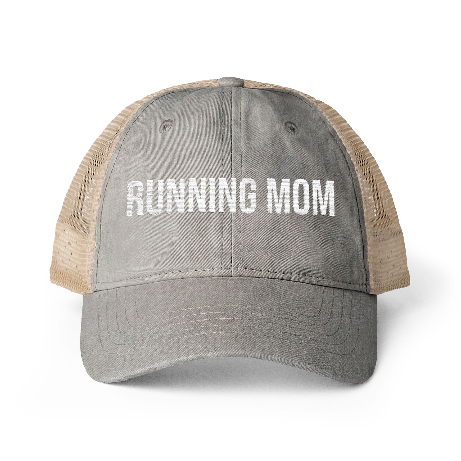 Running Mom Cap in Light Grey/Polka Dots, front view — washed mesh-back trucker cap for runners