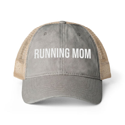 Running Mom Cap in Light Grey/Polka Dots, front view — washed mesh-back trucker cap for runners