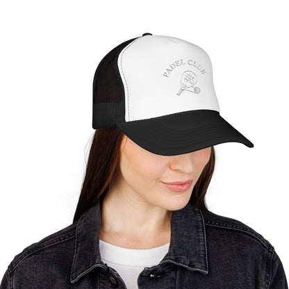 Padel Club Hat in Black/White worn by model — embroidered padel racket trucker cap