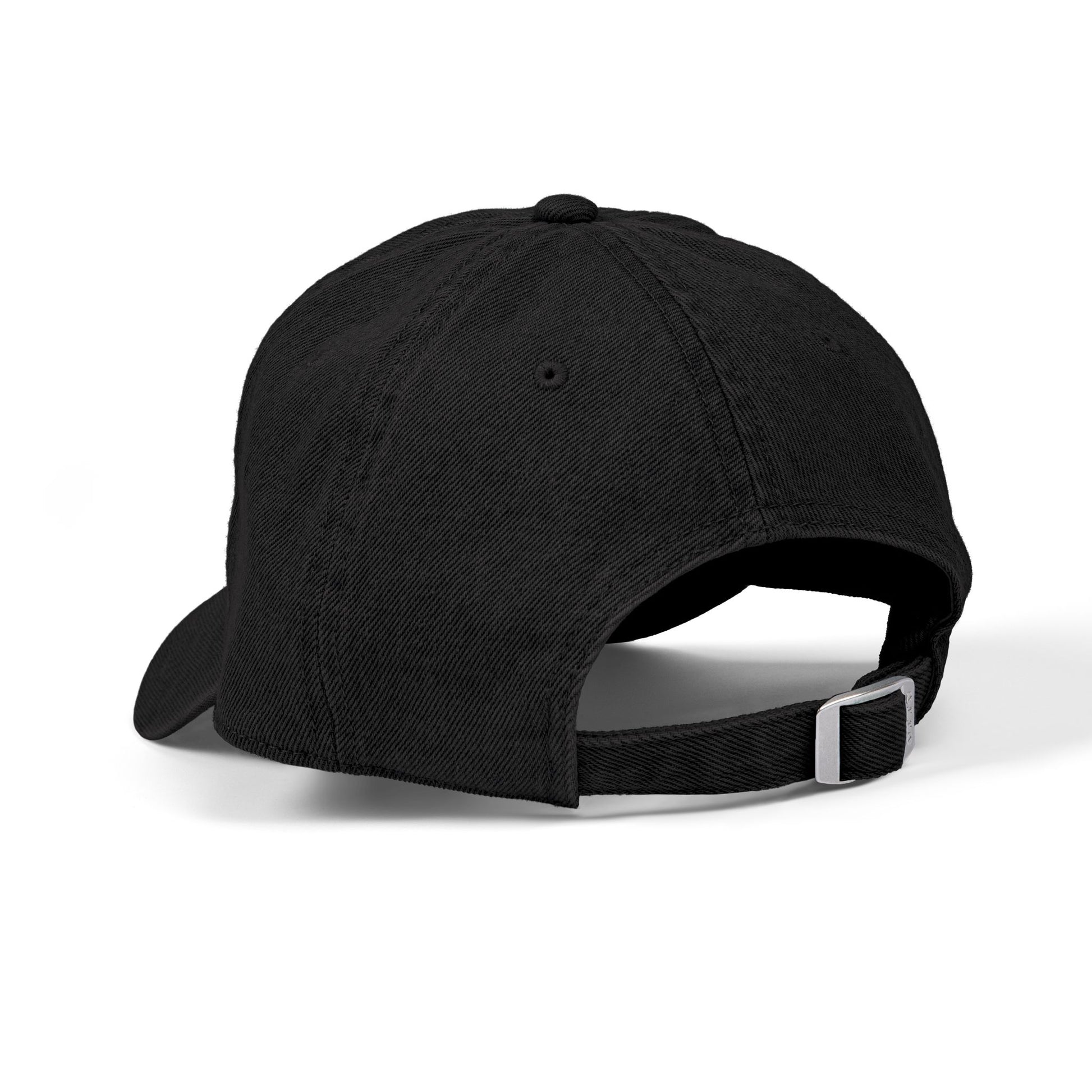 MotionCell embroidered denim cap, back view with adjustable brass buckle closure