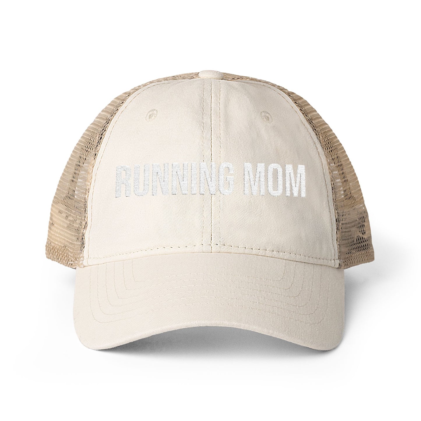Running Mom Cap in Vanilla/Longhorn/Khaki, front view — washed mesh-back trucker cap for runners