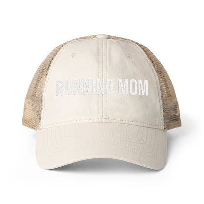Running Mom Cap in Vanilla/Longhorn/Khaki, front view — washed mesh-back trucker cap for runners