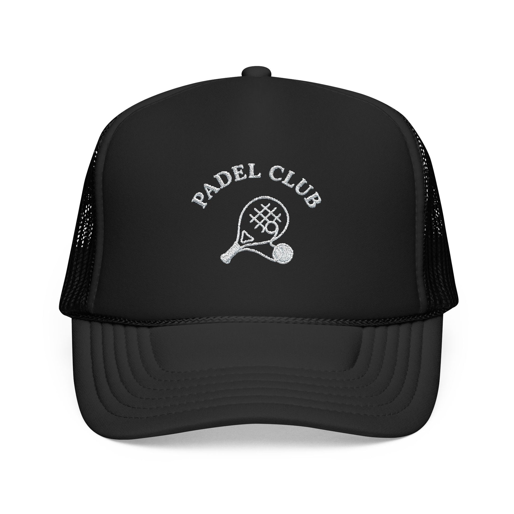 Padel Club Hat in Black, front view — embroidered padel racket trucker cap