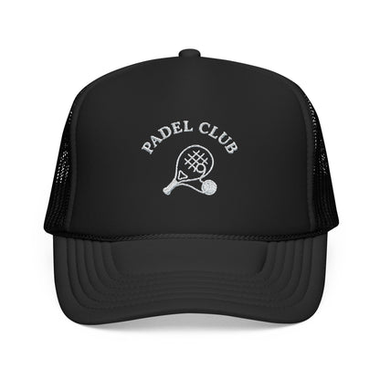 Padel Club Hat in Black, front view — embroidered padel racket trucker cap