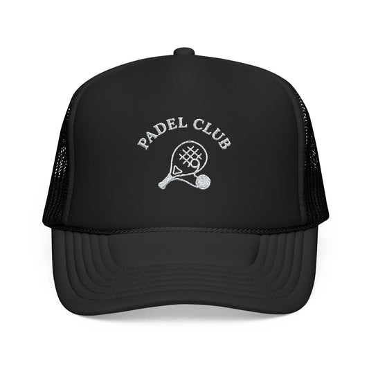 Padel Club Hat in Black, front view — embroidered padel racket trucker cap