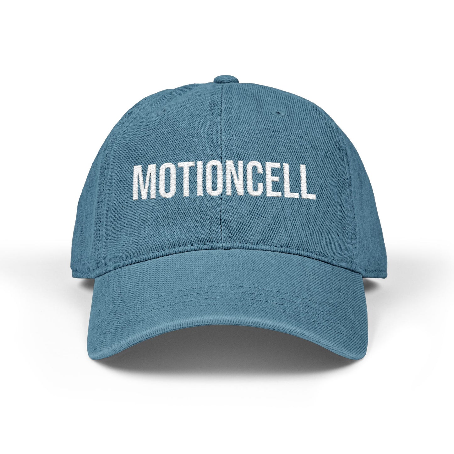 MotionCell embroidered denim cap, embroidery detail on front panel